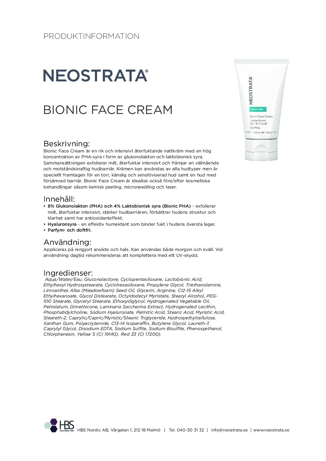 Produktblad NEOSTRATA Bionic Face Cream