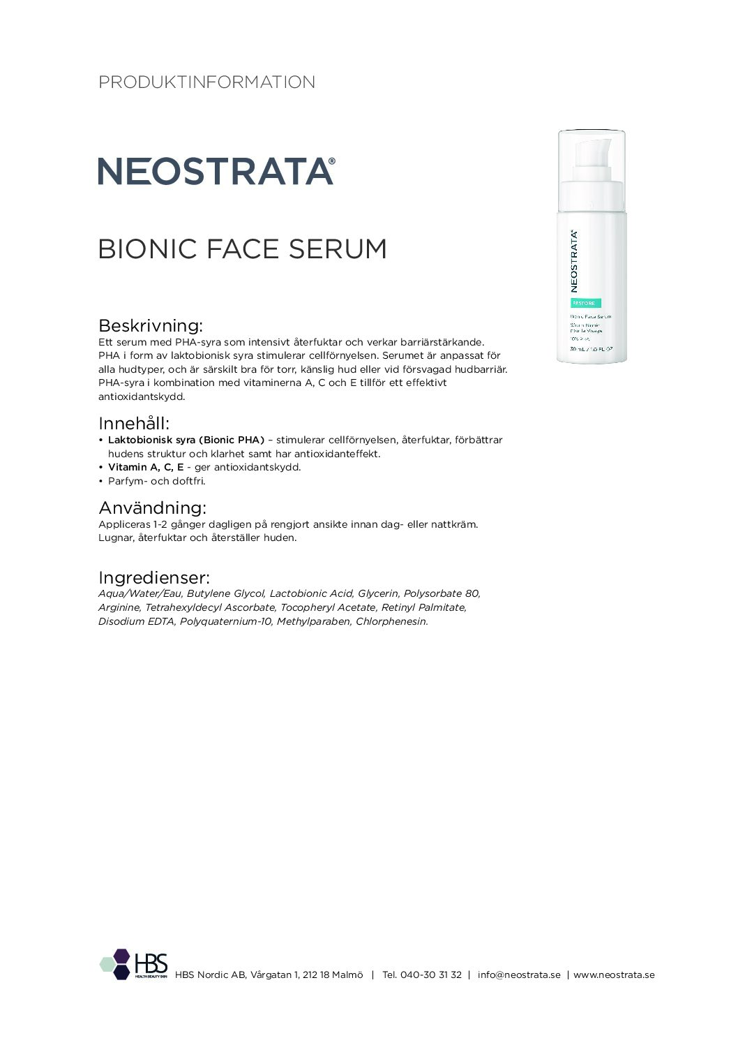 Produktblad NEOSTRATA Bionic Face Serum