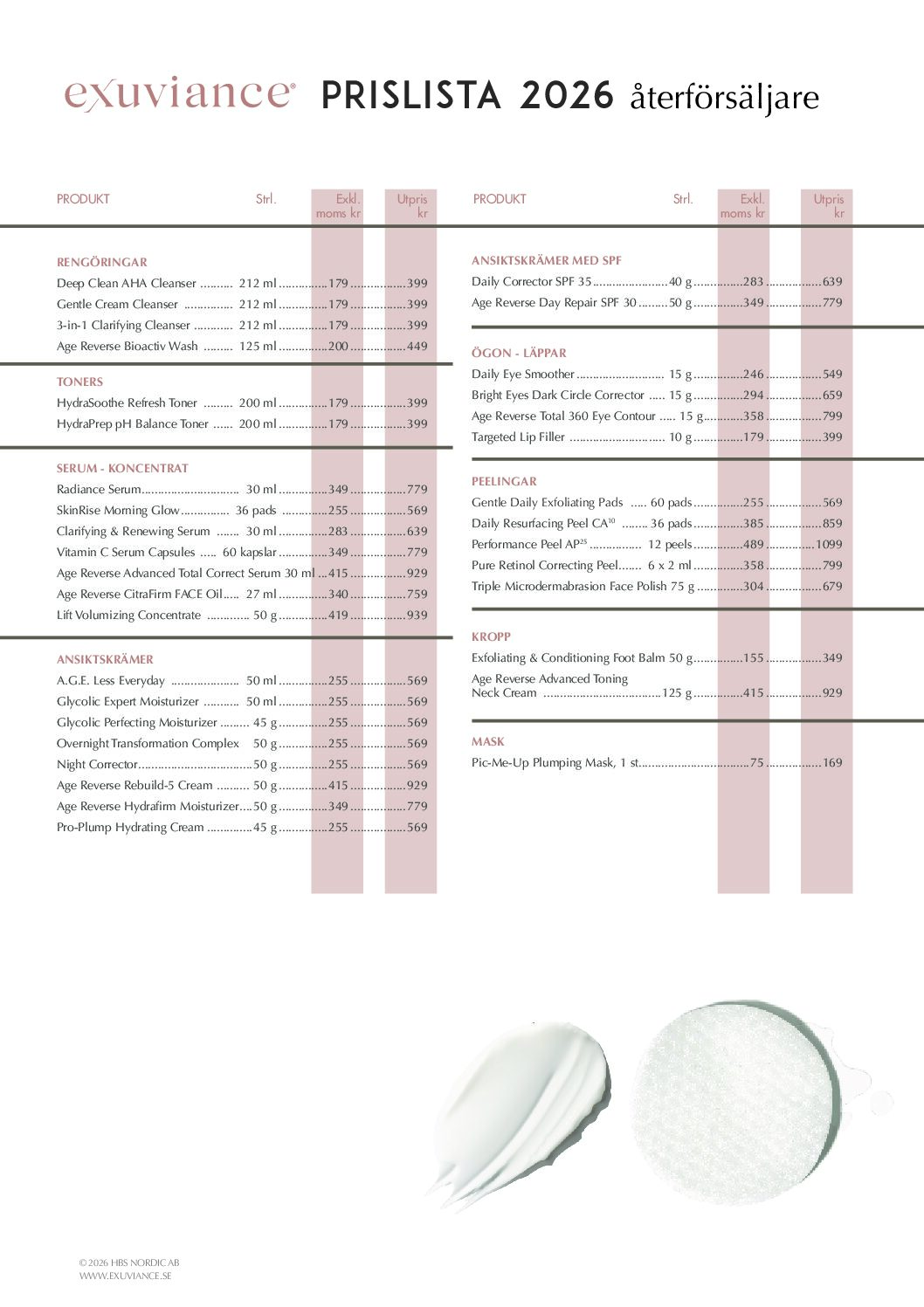Prislista Exuviance 2026 (ÅF)