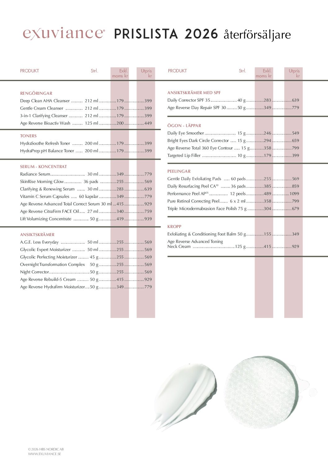 Prislista Exuviance 2026 (ÅF)