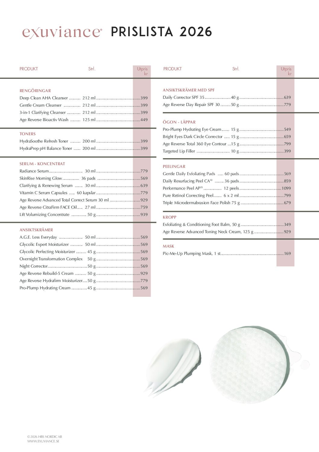 Prislista Exuviance 2026 (KUND)