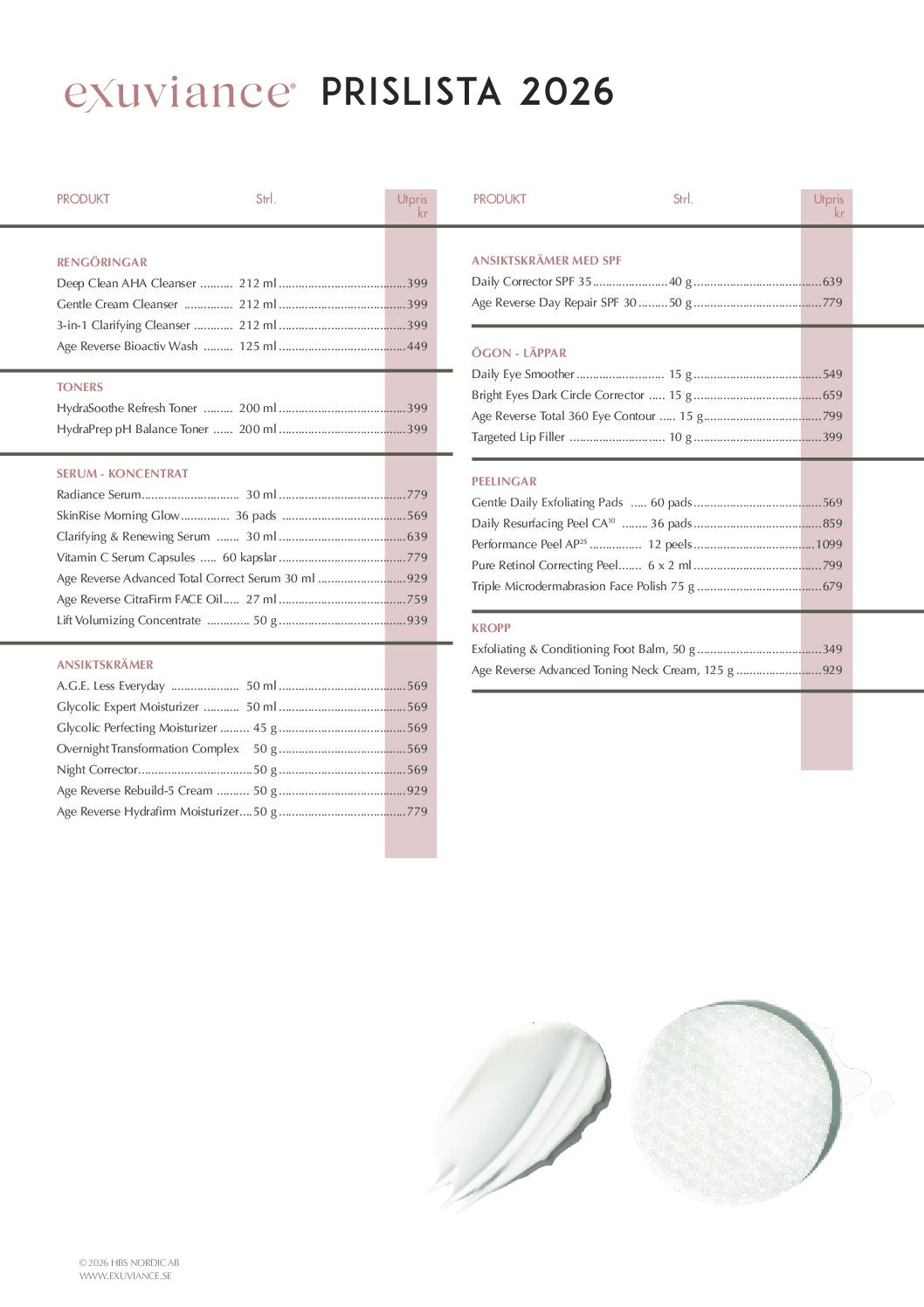 Prislista Exuviance 2026 (KUND)