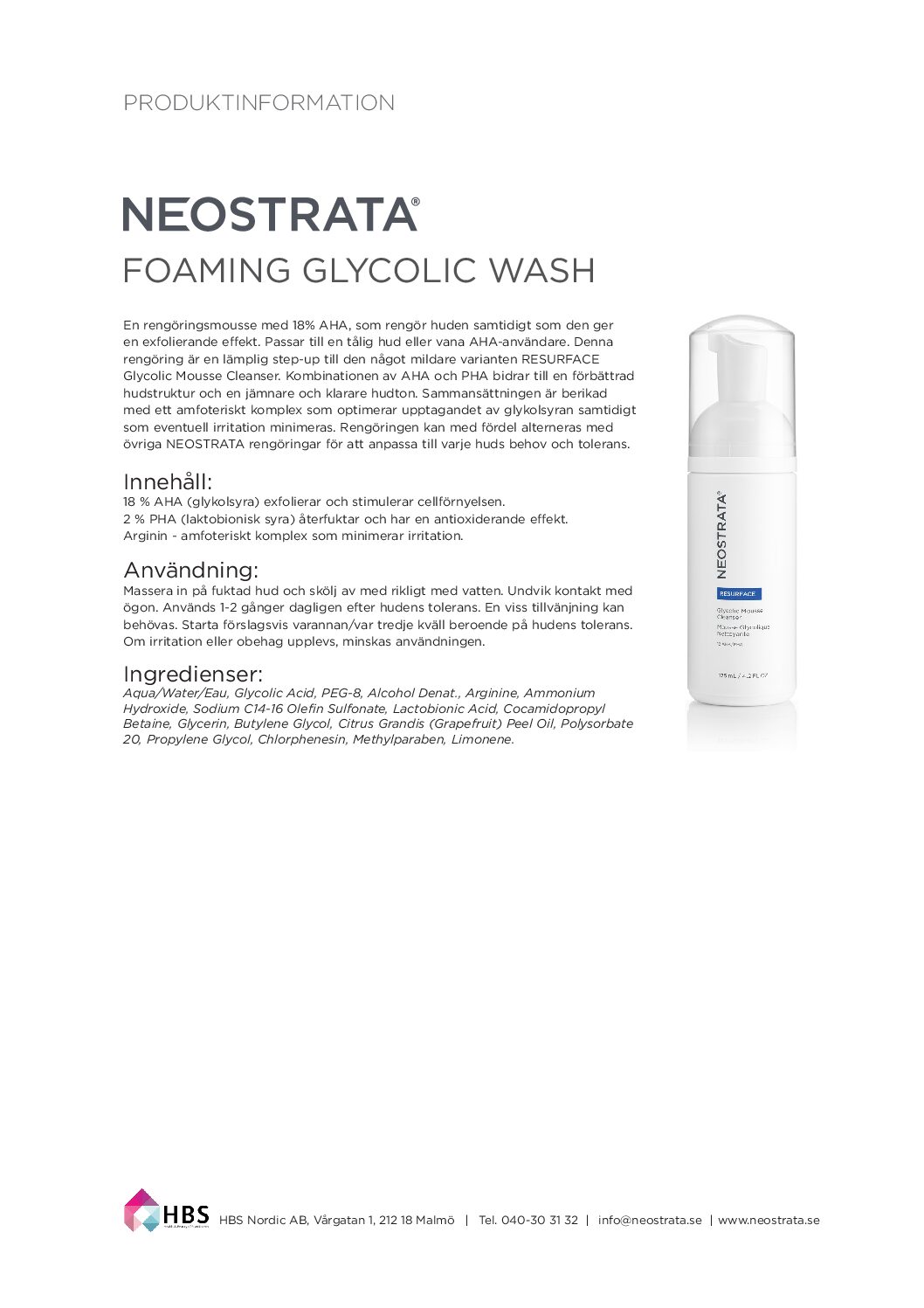 Produktblad NEOSTRATA Foaming Glycolic Wash