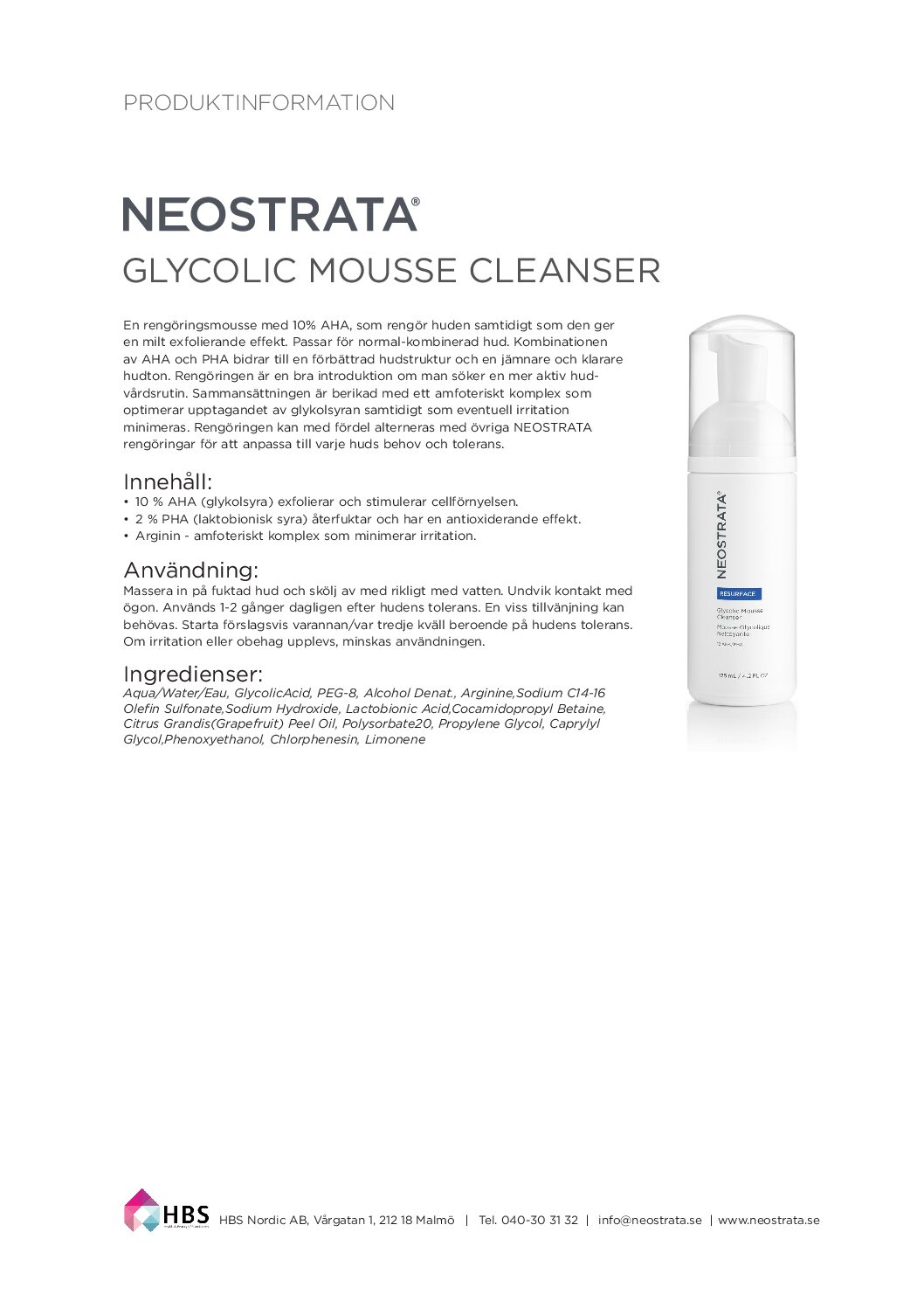 Produktblad NEOSTRATA Glycolic Mousse Cleanser