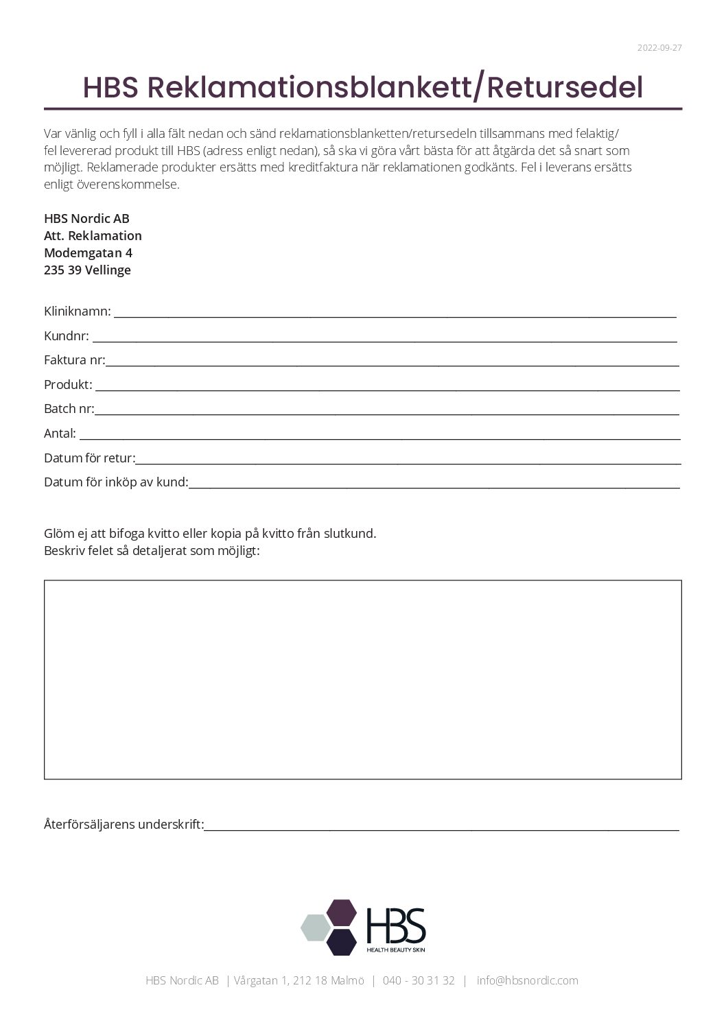 HBS Nordic Returformulär
