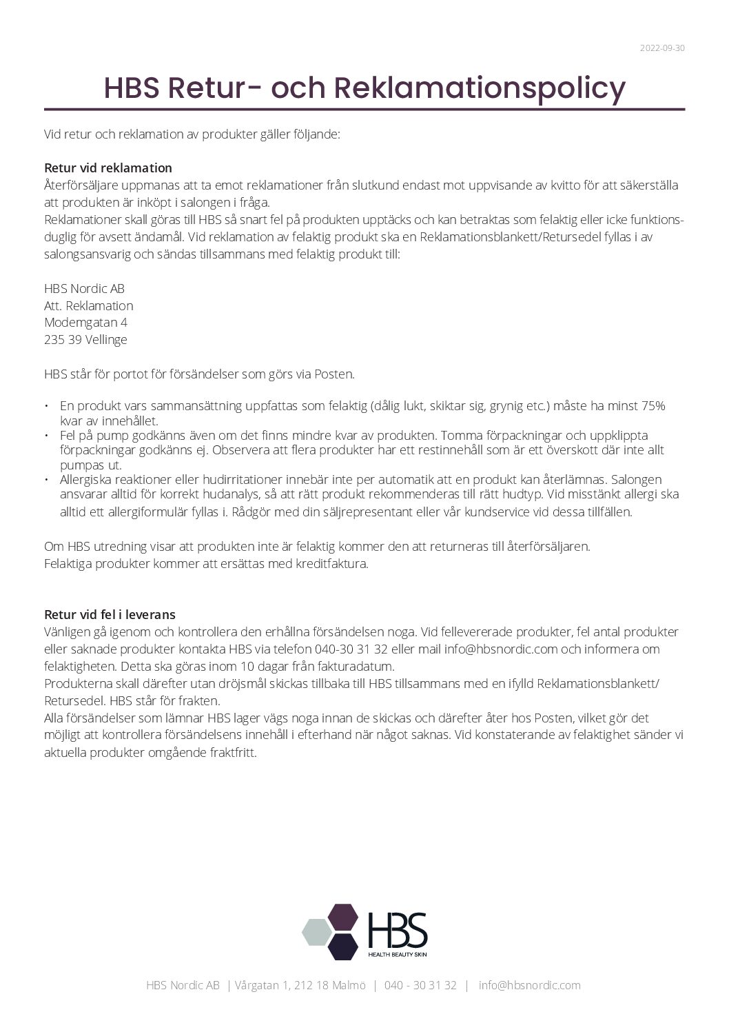 HBS Nordic Returpolicy