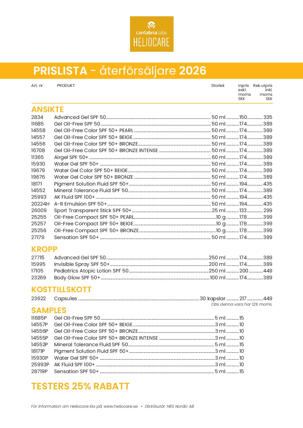 Prislista Heliocare 2026 (ÅF)