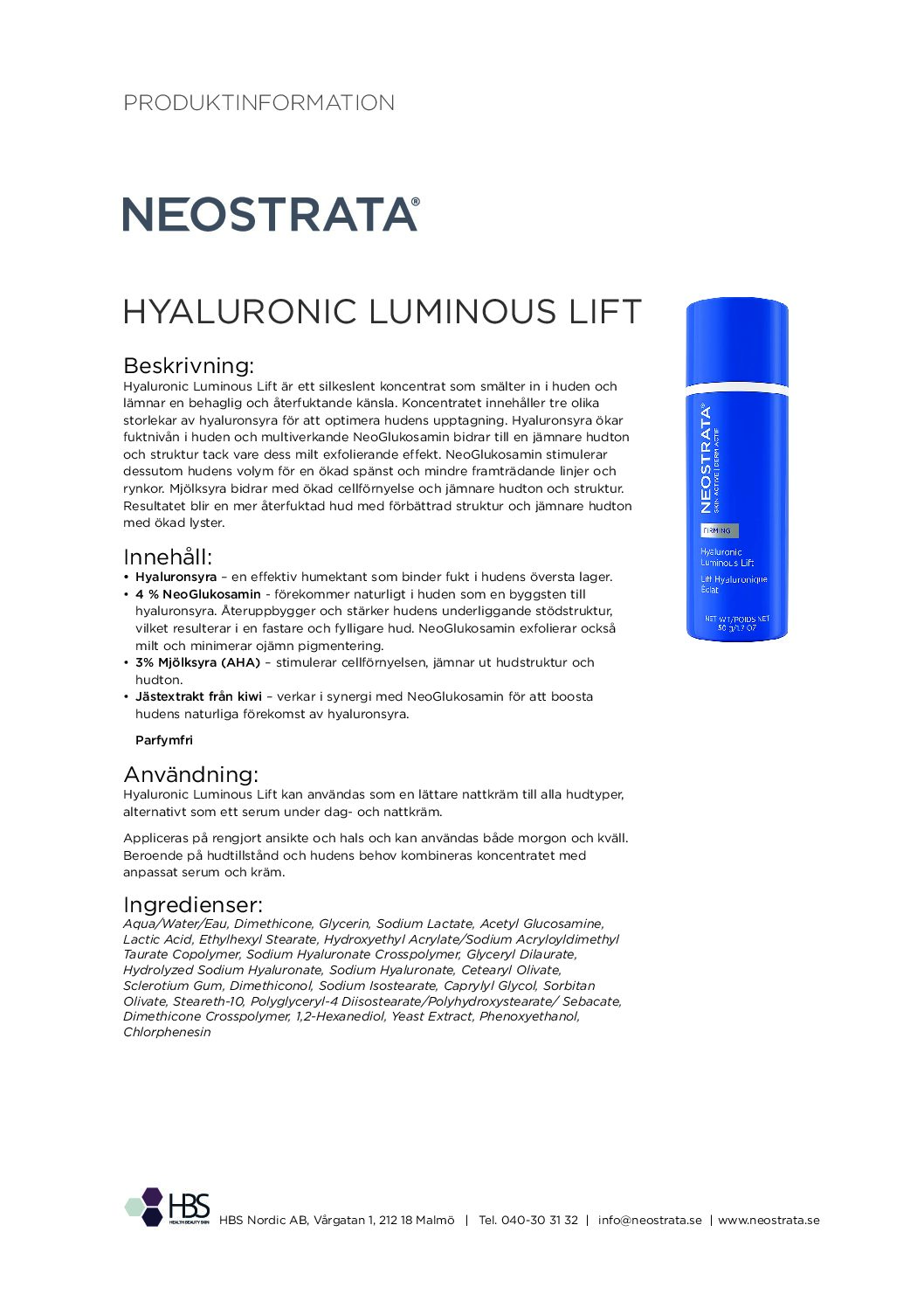 Produktblad NEOSTRATA Hyaluronic Luminous Lift
