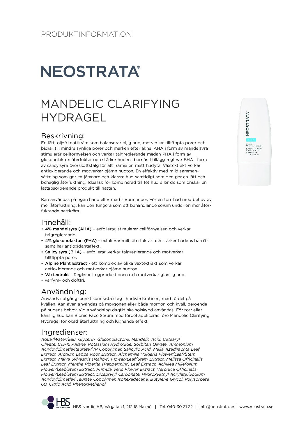 Produktblad NEOSTRATA Mandelic Clarifying Hydragel