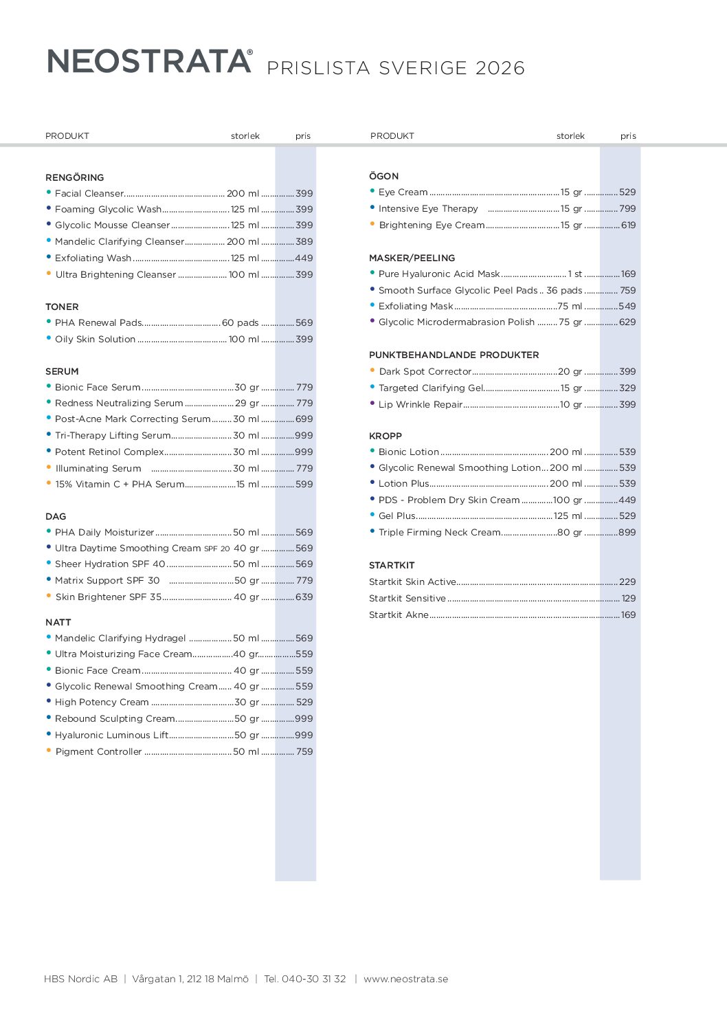 Prislista NEOSTRATA 2026 (KUND)