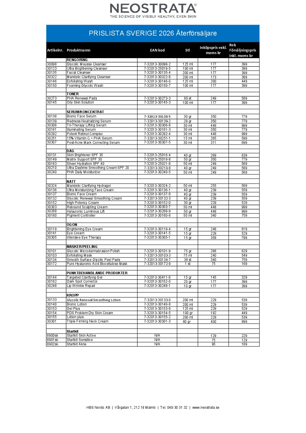 Prislista NEOSTRATA 2026 (ÅF)