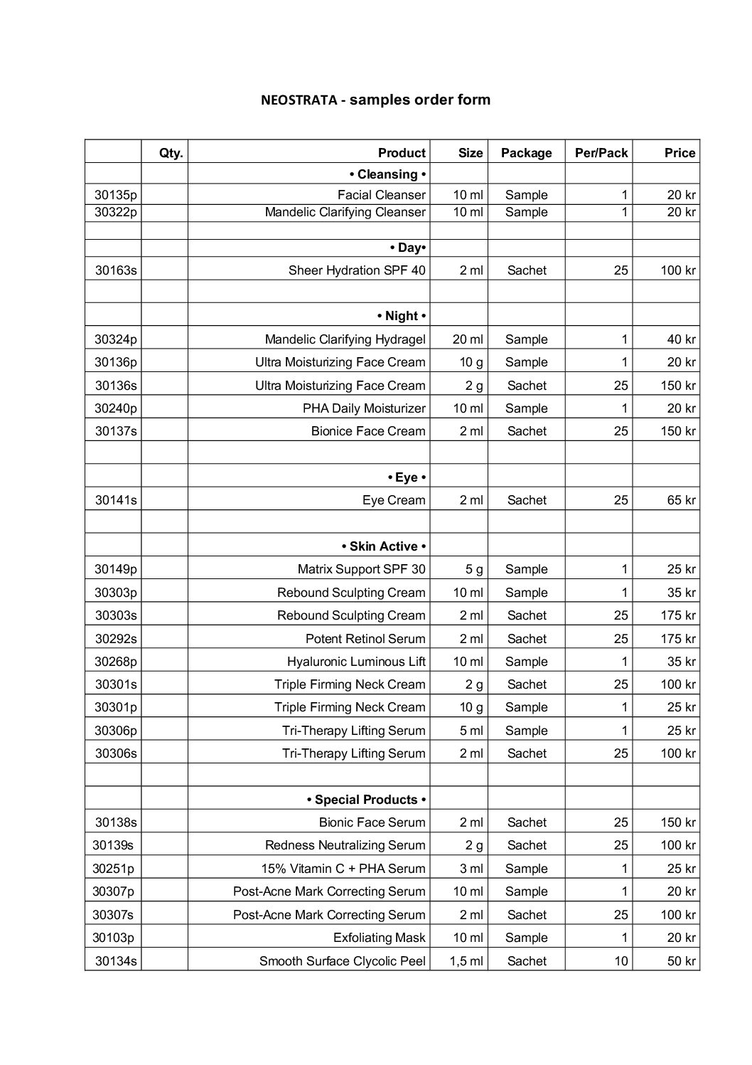 Orderformulär NEOSTRATA samples/prover