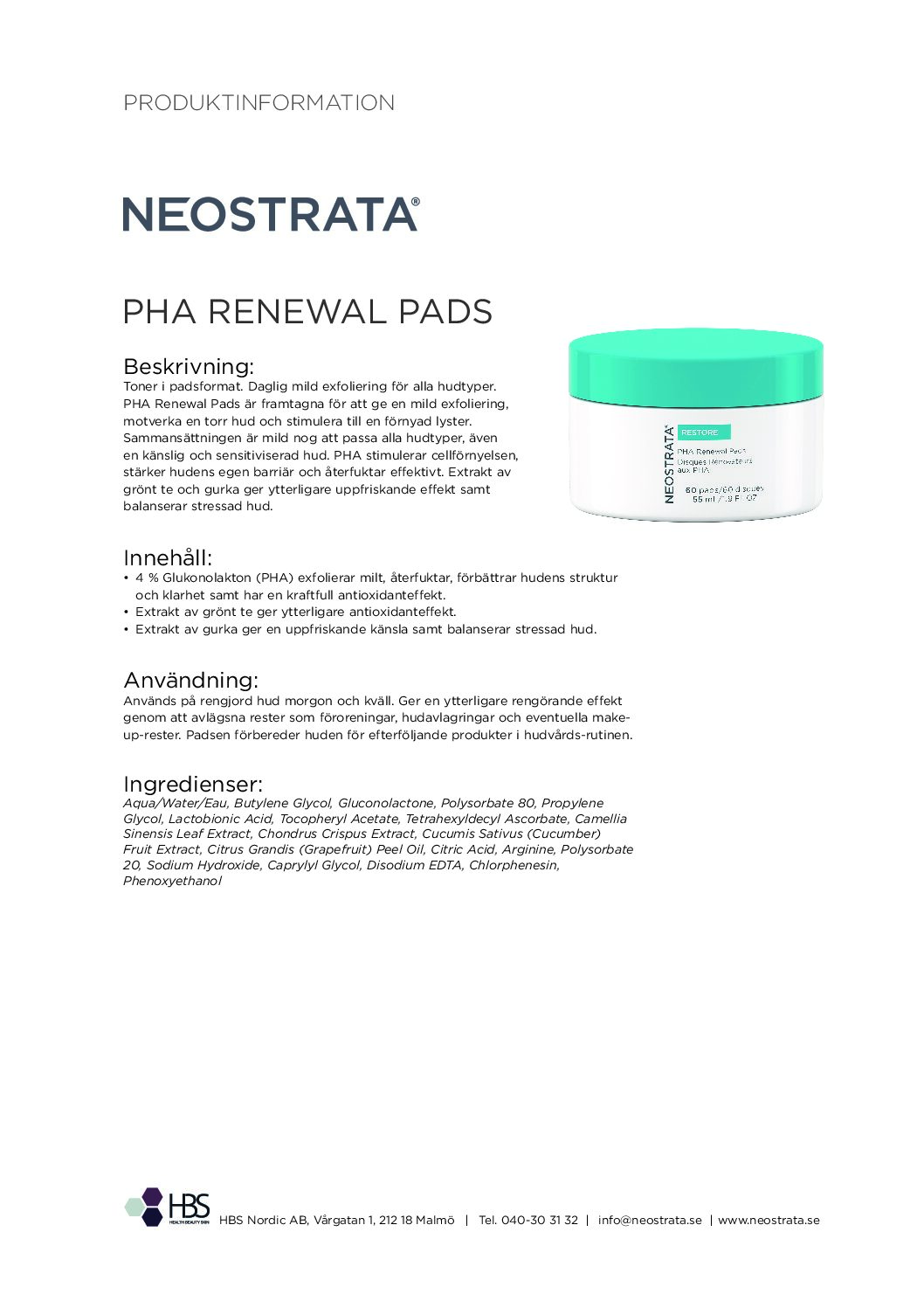 Produktblad NEOSTRATA PHA Renewal Pads