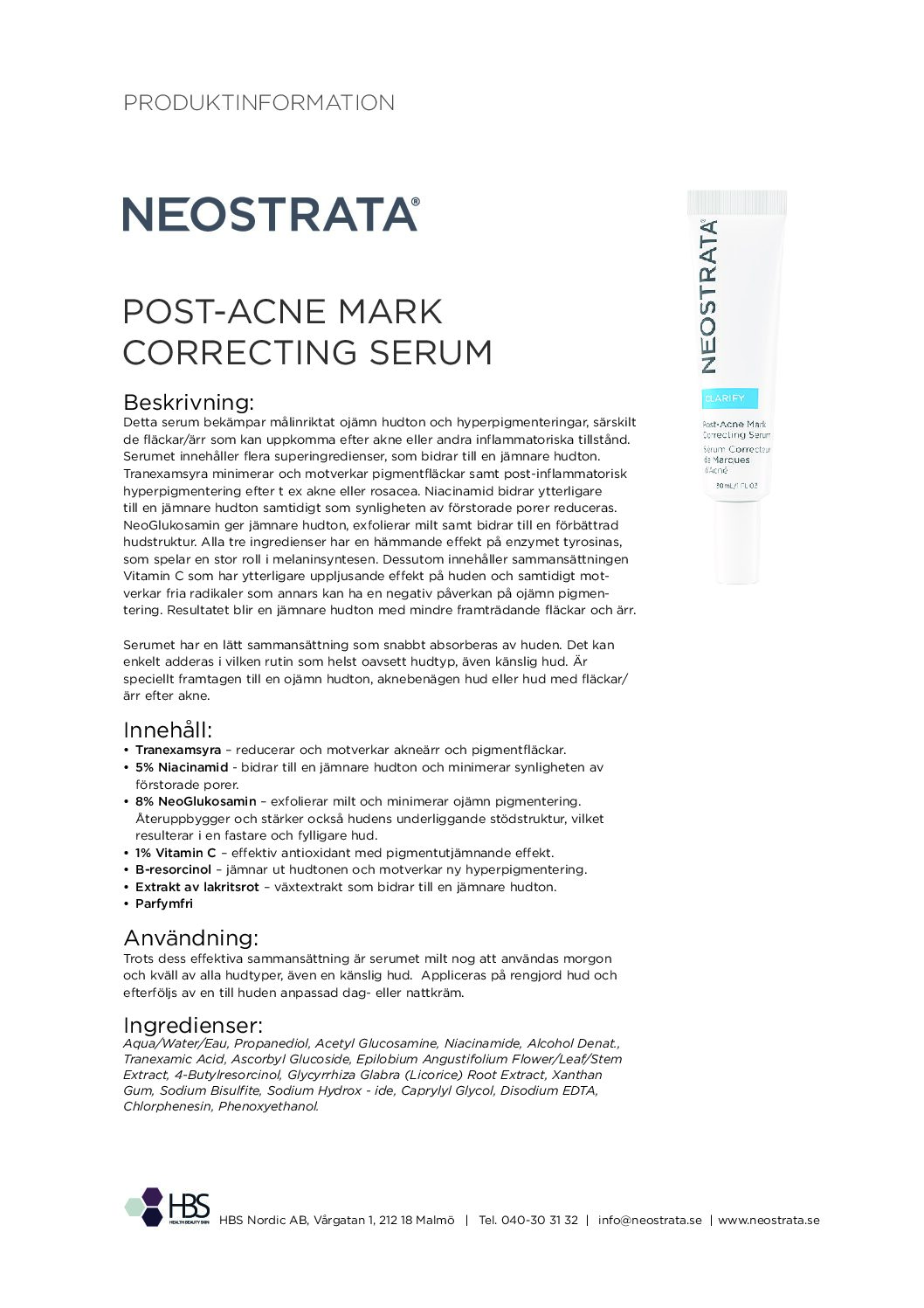 Produktblad NEOSTRATA Post Acne Mark Correcting Serum