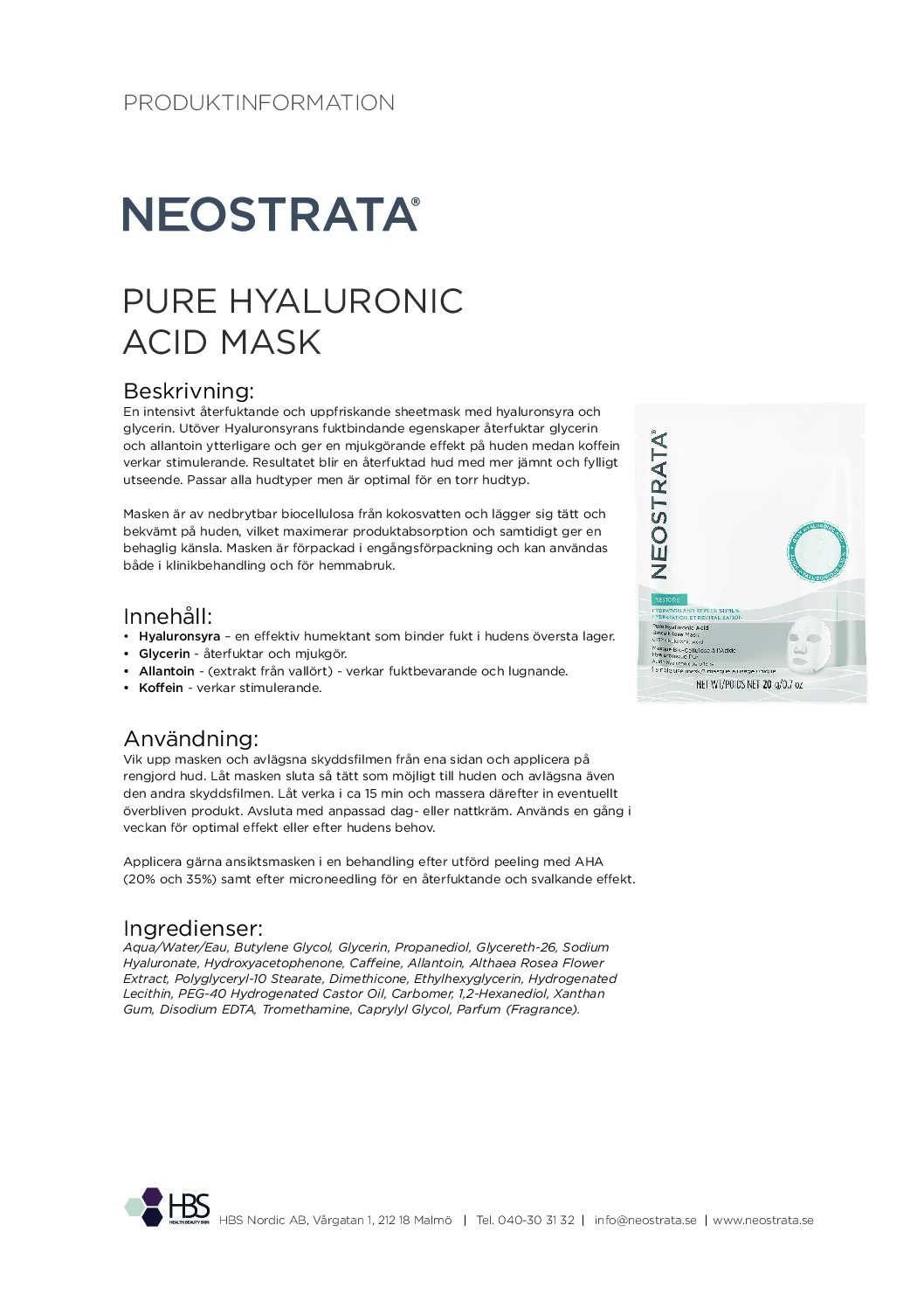 Produktblad NEOSTRATA Pure Hyaluronic Acid Mask
