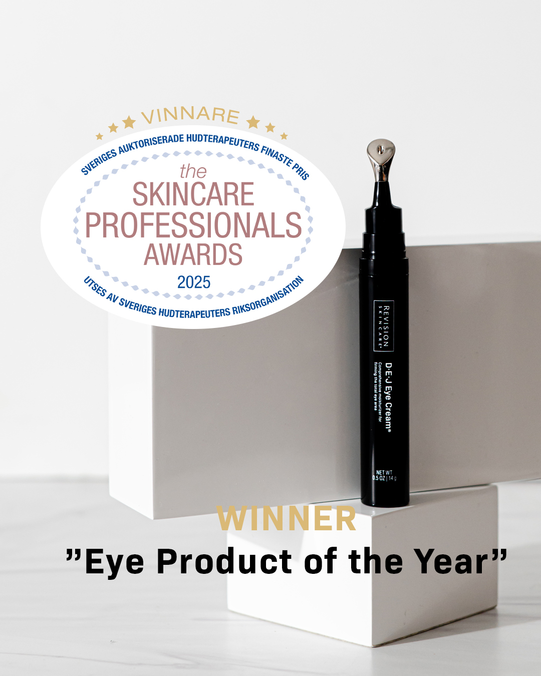 Bild till Sociala Medier Revision Skincare DEJ Eye Cream SHR Awards rektangel med text (engelska)