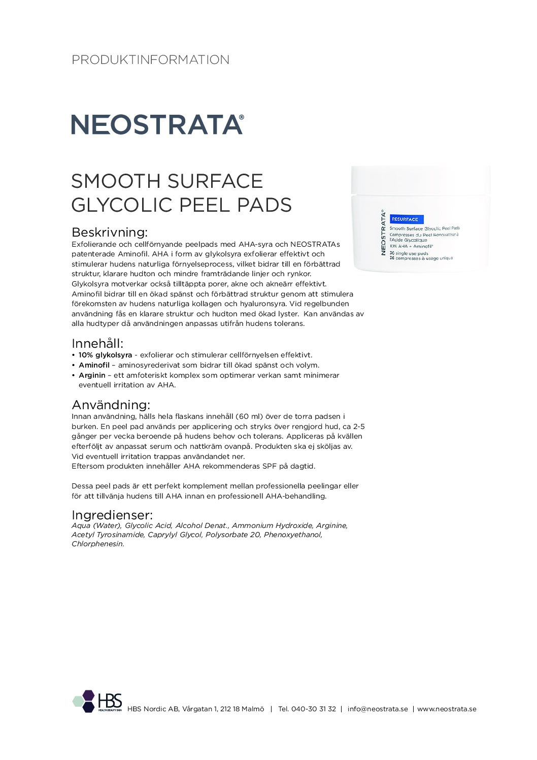 Produktblad NEOSTRATA Smooth Surface Glycolic Peel Pads