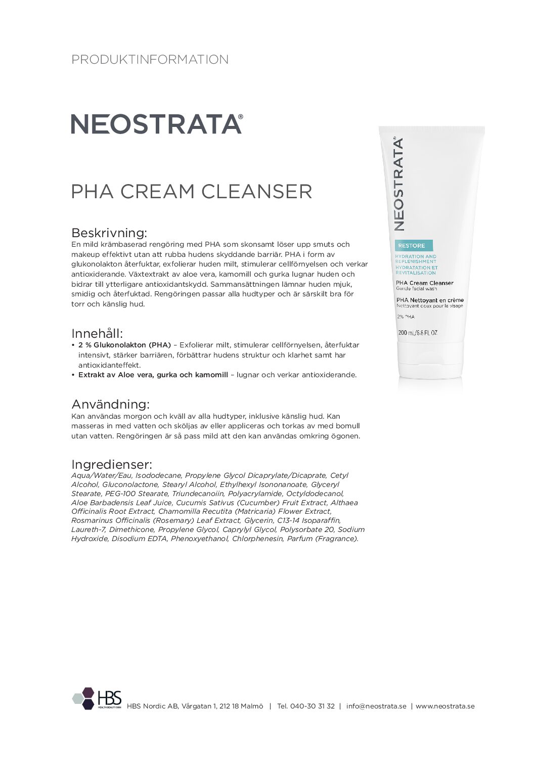 Produktblad PHA Cream Cleanser